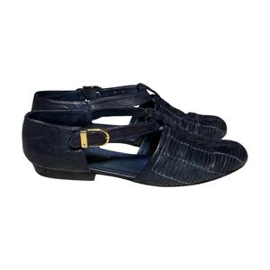 Sesto Meucci Women's Size 7 Dark Blue Leather Smooth & Woven T-Strap Shoes Italy